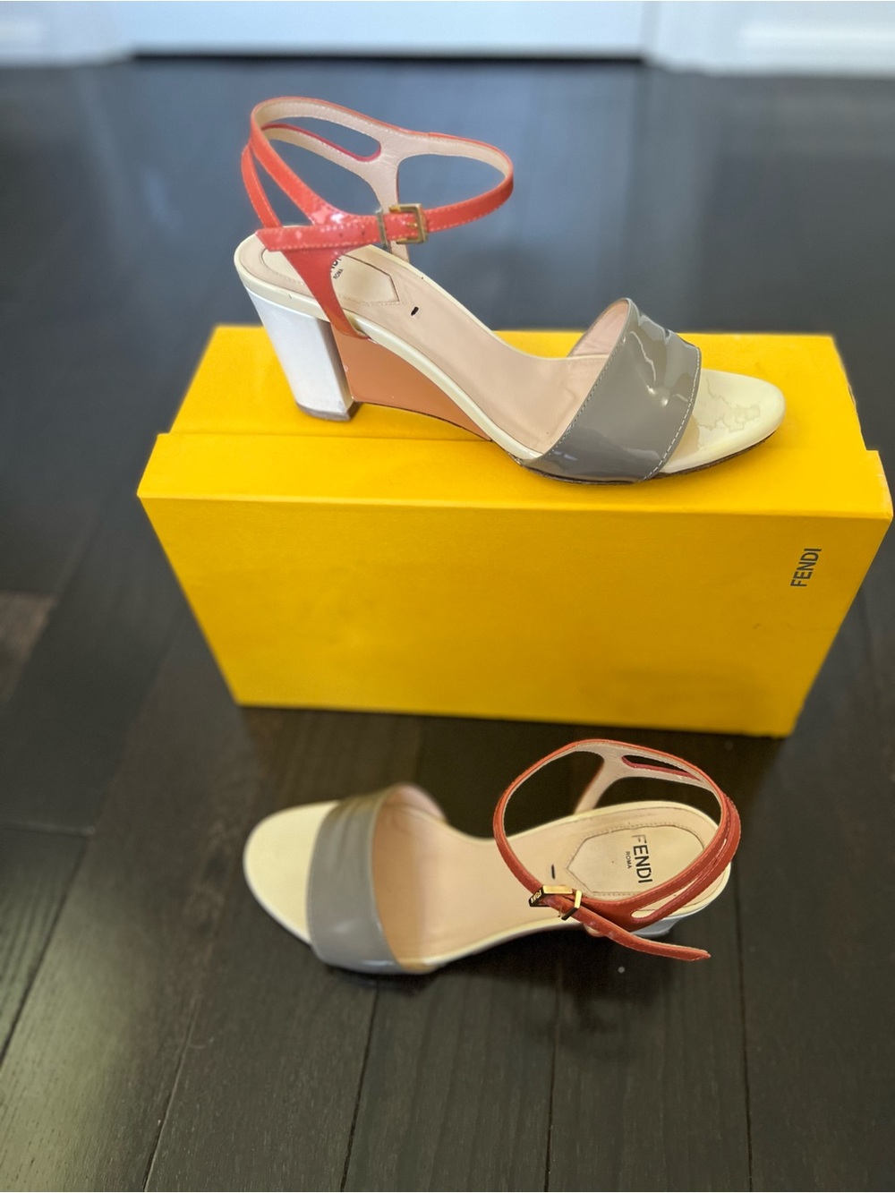 FENDI Tri-color  Wedge Sandals in Grey-Coral-White Patent Leather, Size 6.5
